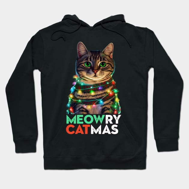 Meowry Catmas - Cat in Christmas Lights Hoodie by nonbeenarydesigns